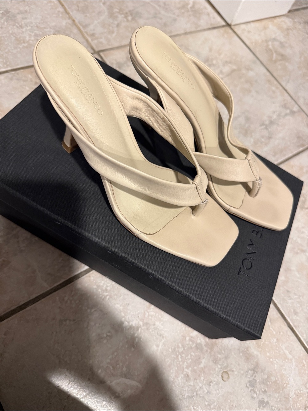 Tony Bianco Cream Square-Toe Thong Mules